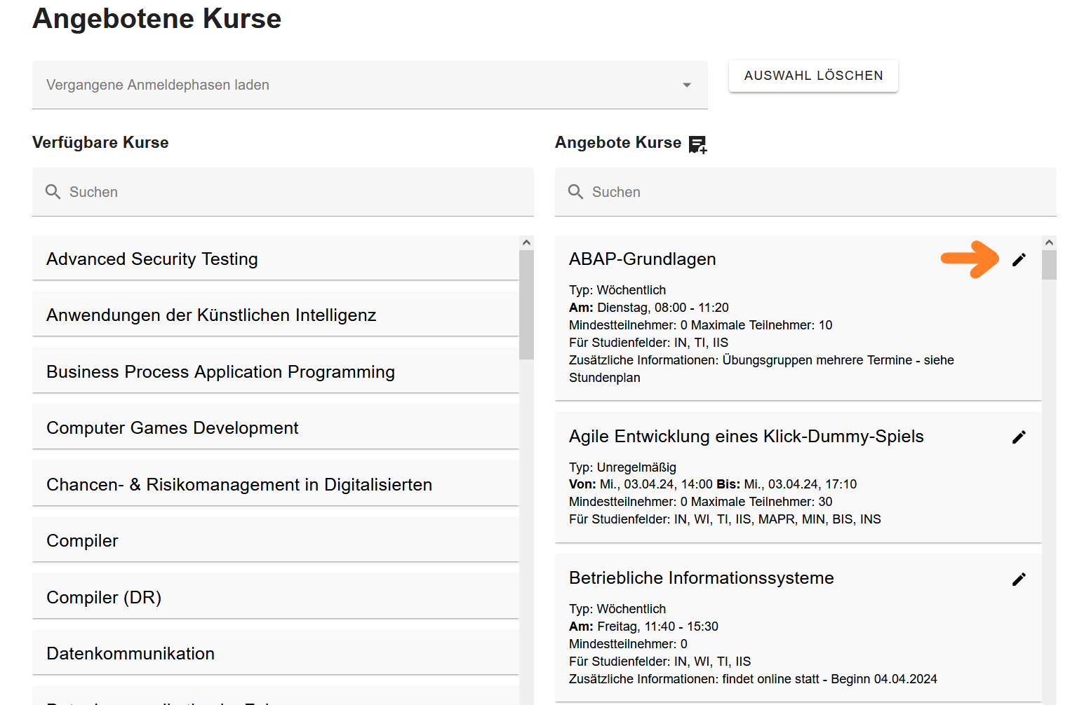 Button für die Kursbearbeitung